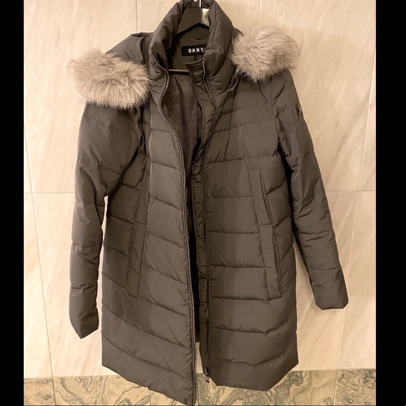 DKNY Faux Fur Trim Down Puffer Coat - Picture 1 of 6